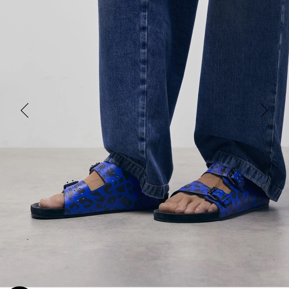 NWT The Kooples Unisex/Men’s Blue Leopard-print Leather Sandals